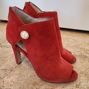 Louis Et Cie Red Leather Suede Open Toe Booties Boots Shoes Heels Pearl Gold 8.5